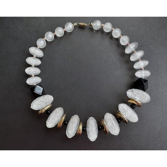 Necklace Matte Clear White faceted beads & balls, black & gold tone beaded 16” - Picture 6 of 6